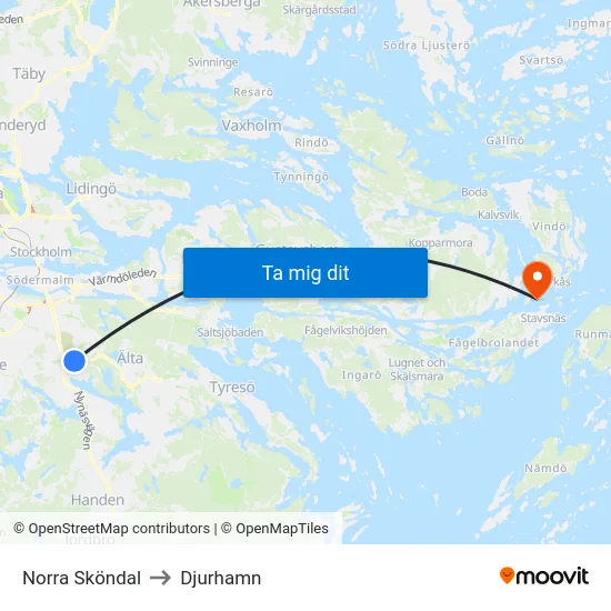 Norra Sköndal to Djurhamn map