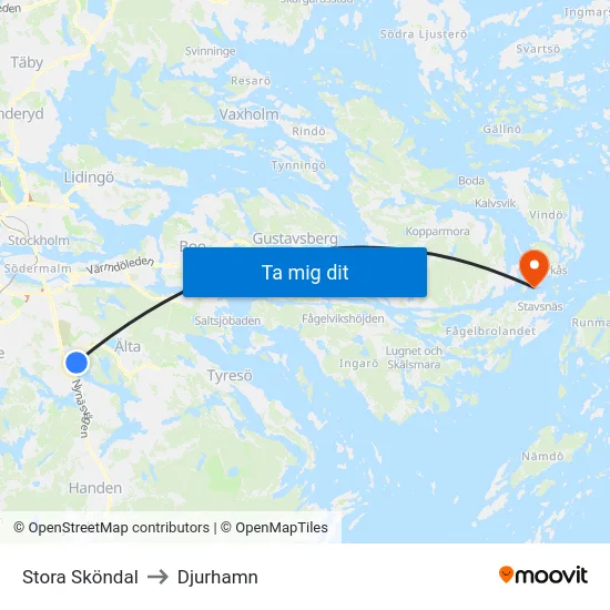 Stora Sköndal to Djurhamn map