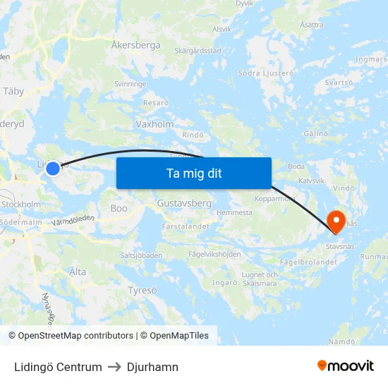 Lidingö Centrum to Djurhamn map