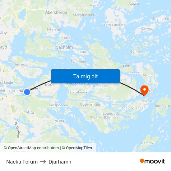 Nacka Forum to Djurhamn map