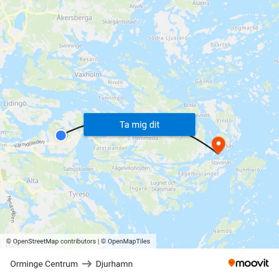 Orminge Centrum to Djurhamn map