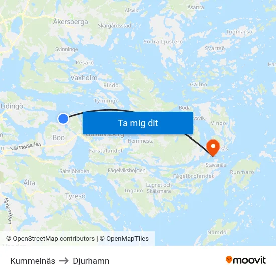 Kummelnäs to Djurhamn map