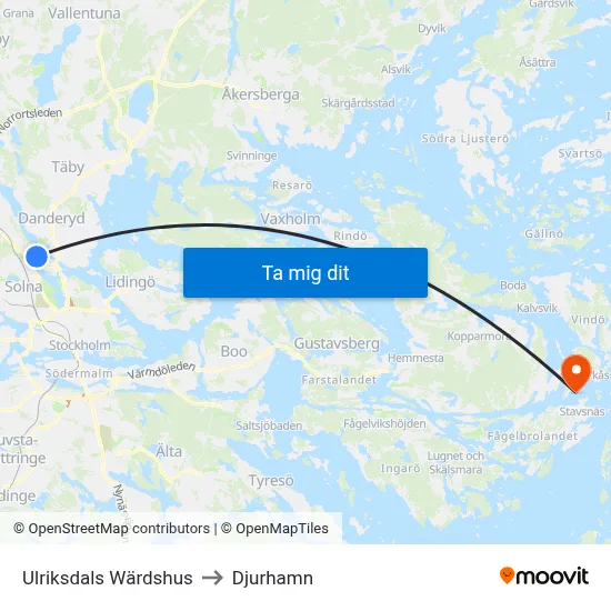 Ulriksdals Wärdshus to Djurhamn map