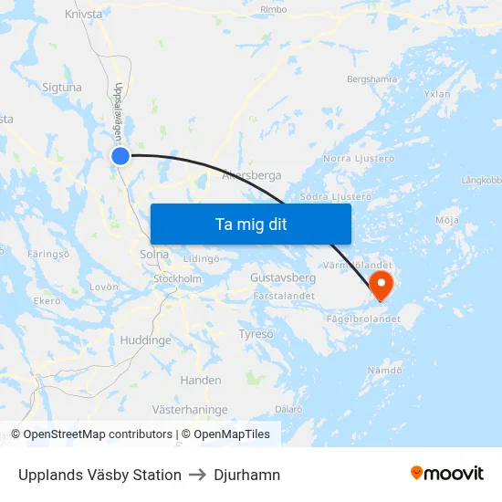 Upplands Väsby Station to Djurhamn map