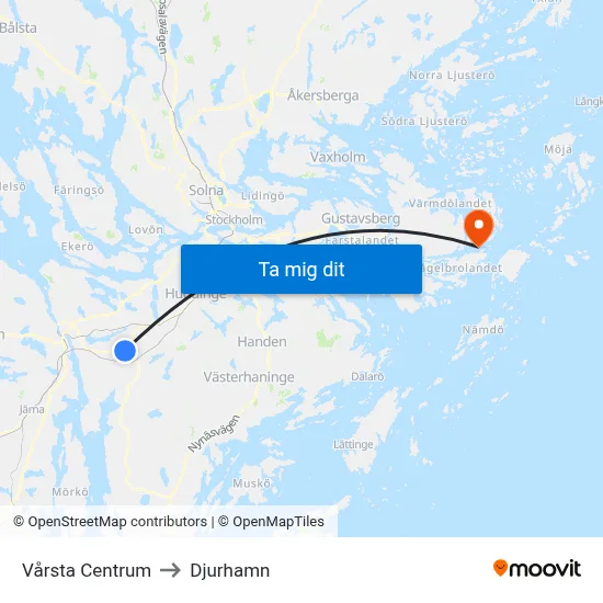 Vårsta Centrum to Djurhamn map
