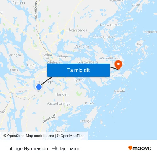 Tullinge Gymnasium to Djurhamn map