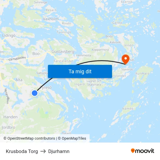 Krusboda Torg to Djurhamn map