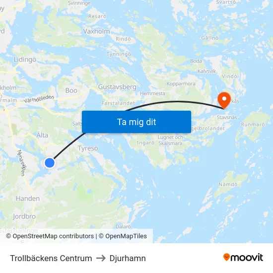 Trollbäckens Centrum to Djurhamn map