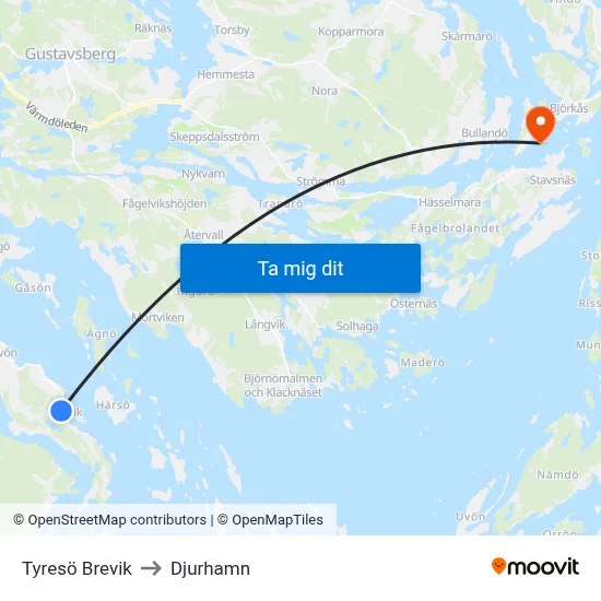 Tyresö Brevik to Djurhamn map