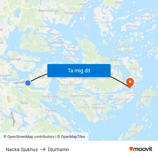 Nacka Sjukhus to Djurhamn map