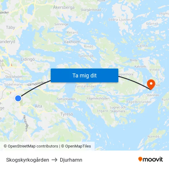 Skogskyrkogården to Djurhamn map