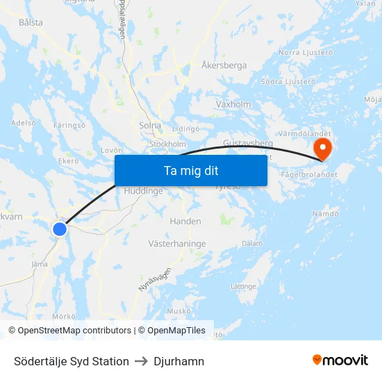 Södertälje Syd Station to Djurhamn map