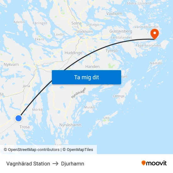 Vagnhärad Station to Djurhamn map