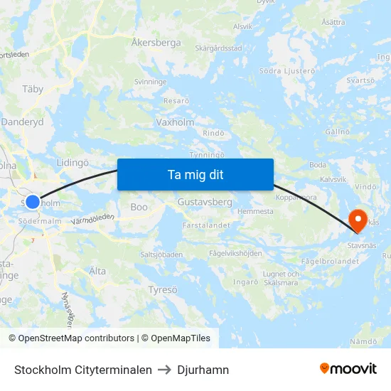 Stockholm Cityterminalen to Djurhamn map