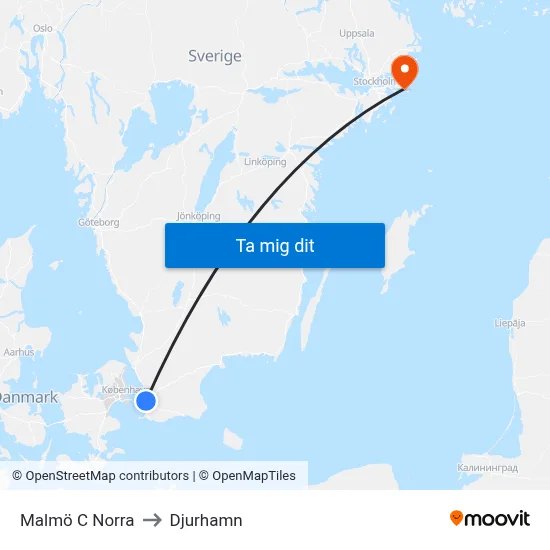 Malmö C Norra to Djurhamn map