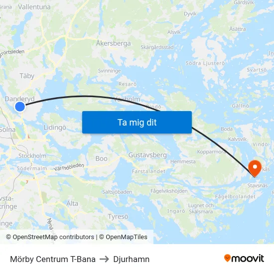 Mörby Centrum T-Bana to Djurhamn map
