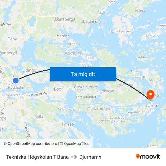 Tekniska Högskolan T-Bana to Djurhamn map