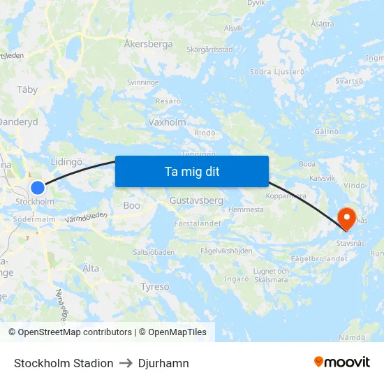 Stockholm Stadion to Djurhamn map