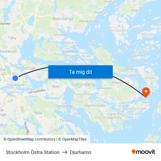 Stockholm Östra Station to Djurhamn map