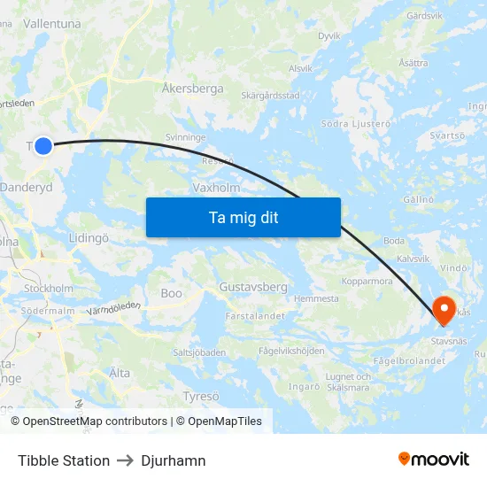 Tibble Station to Djurhamn map