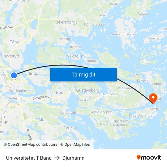 Universitetet T-Bana to Djurhamn map