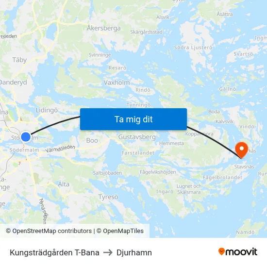 Kungsträdgården T-Bana to Djurhamn map