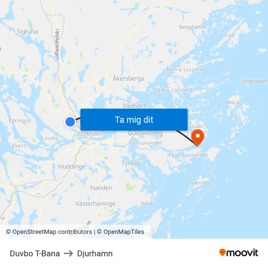 Duvbo T-Bana to Djurhamn map