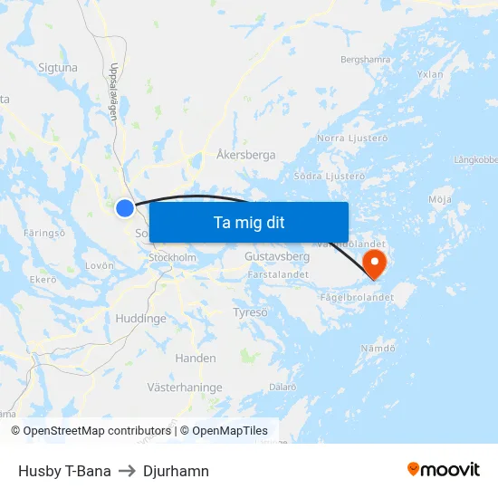 Husby T-Bana to Djurhamn map