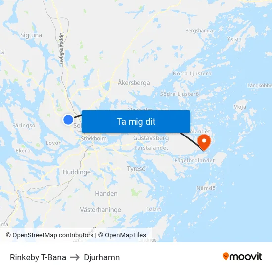 Rinkeby T-Bana to Djurhamn map