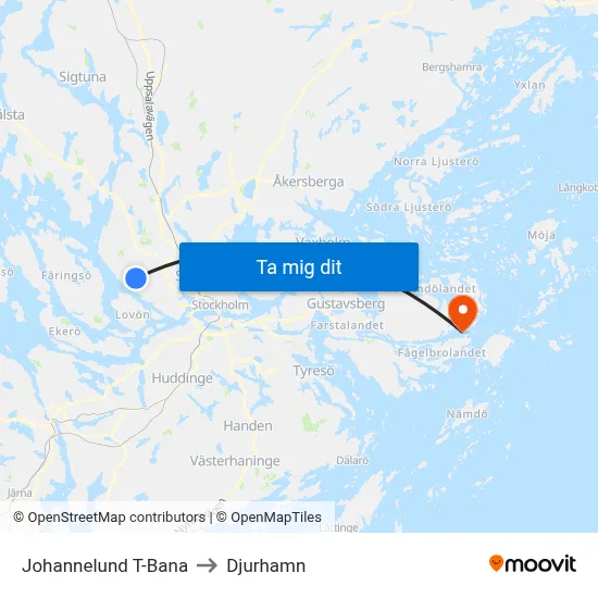 Johannelund T-Bana to Djurhamn map