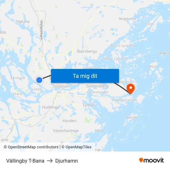 Vällingby T-Bana to Djurhamn map