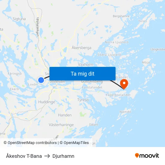 Åkeshov T-Bana to Djurhamn map