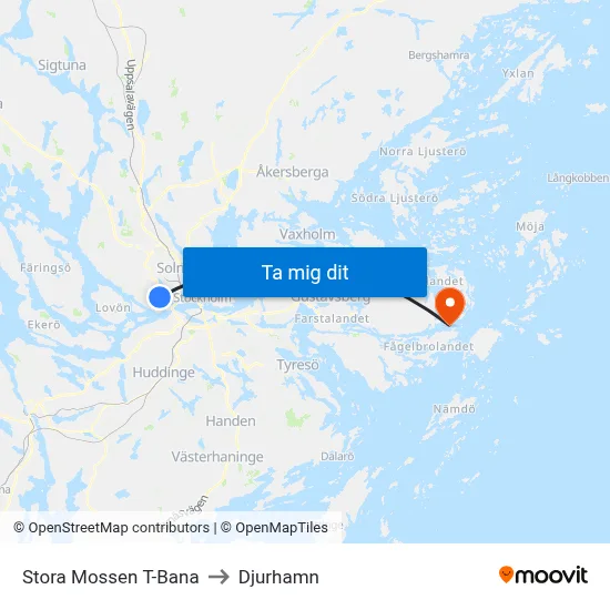 Stora Mossen T-Bana to Djurhamn map