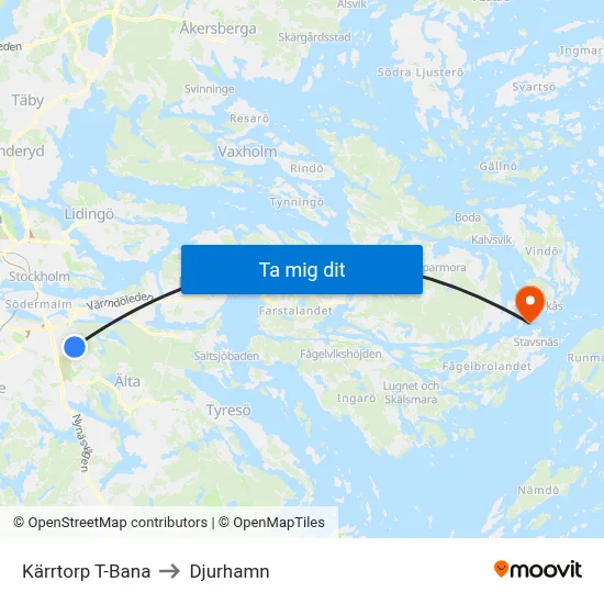 Kärrtorp T-Bana to Djurhamn map