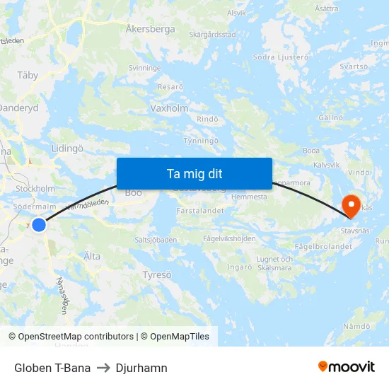 Globen T-Bana to Djurhamn map