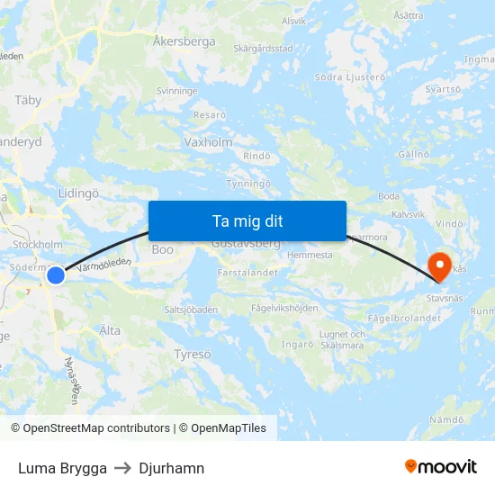 Luma Brygga to Djurhamn map