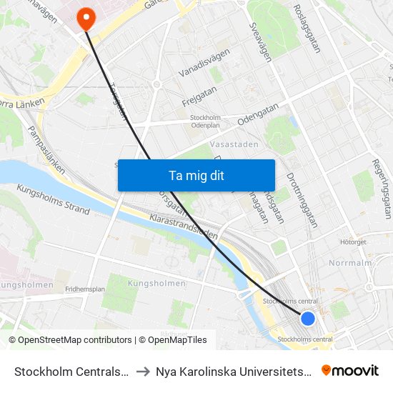 Stockholm Centralstation to Nya Karolinska Universitetssjukhus map