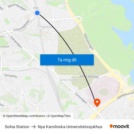 Solna Station to Nya Karolinska Universitetssjukhus map