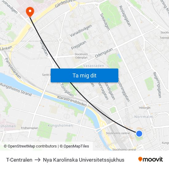 T-Centralen to Nya Karolinska Universitetssjukhus map