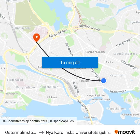 Östermalmstorg to Nya Karolinska Universitetssjukhus map