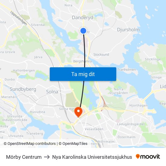 Mörby Centrum to Nya Karolinska Universitetssjukhus map