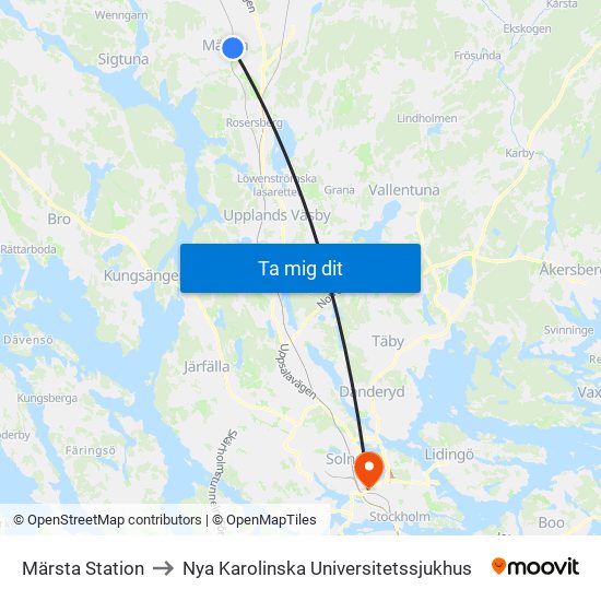 Märsta Station to Nya Karolinska Universitetssjukhus map