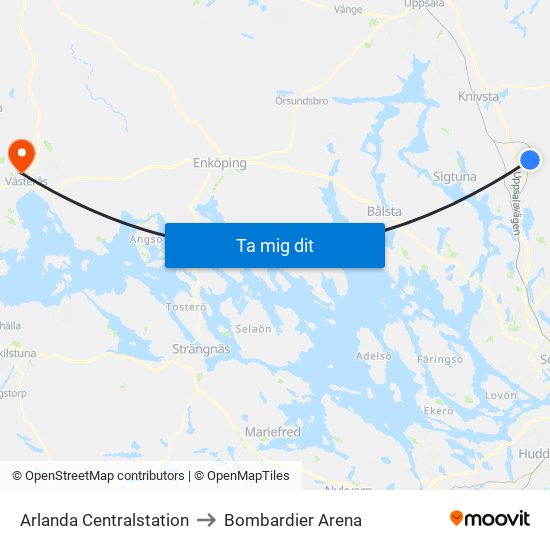 Arlanda Centralstation to Bombardier Arena map