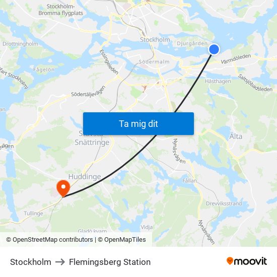 Stockholm to Flemingsberg Station map