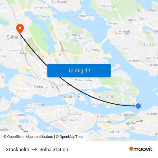 Stockholm to Solna Station map