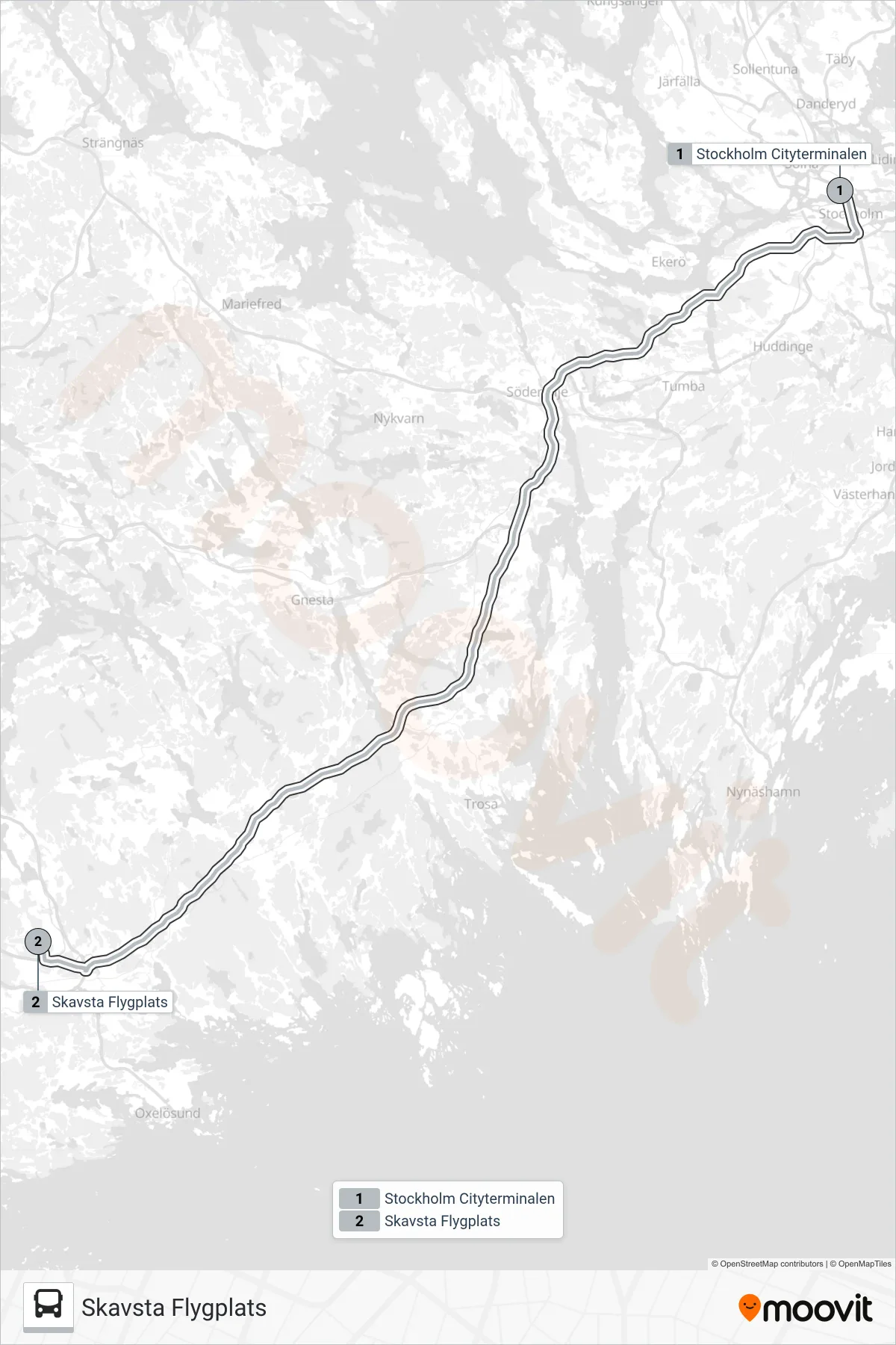Rutt och hållplatser på karta för linje 976  buss, (Skavsta Flygplats)