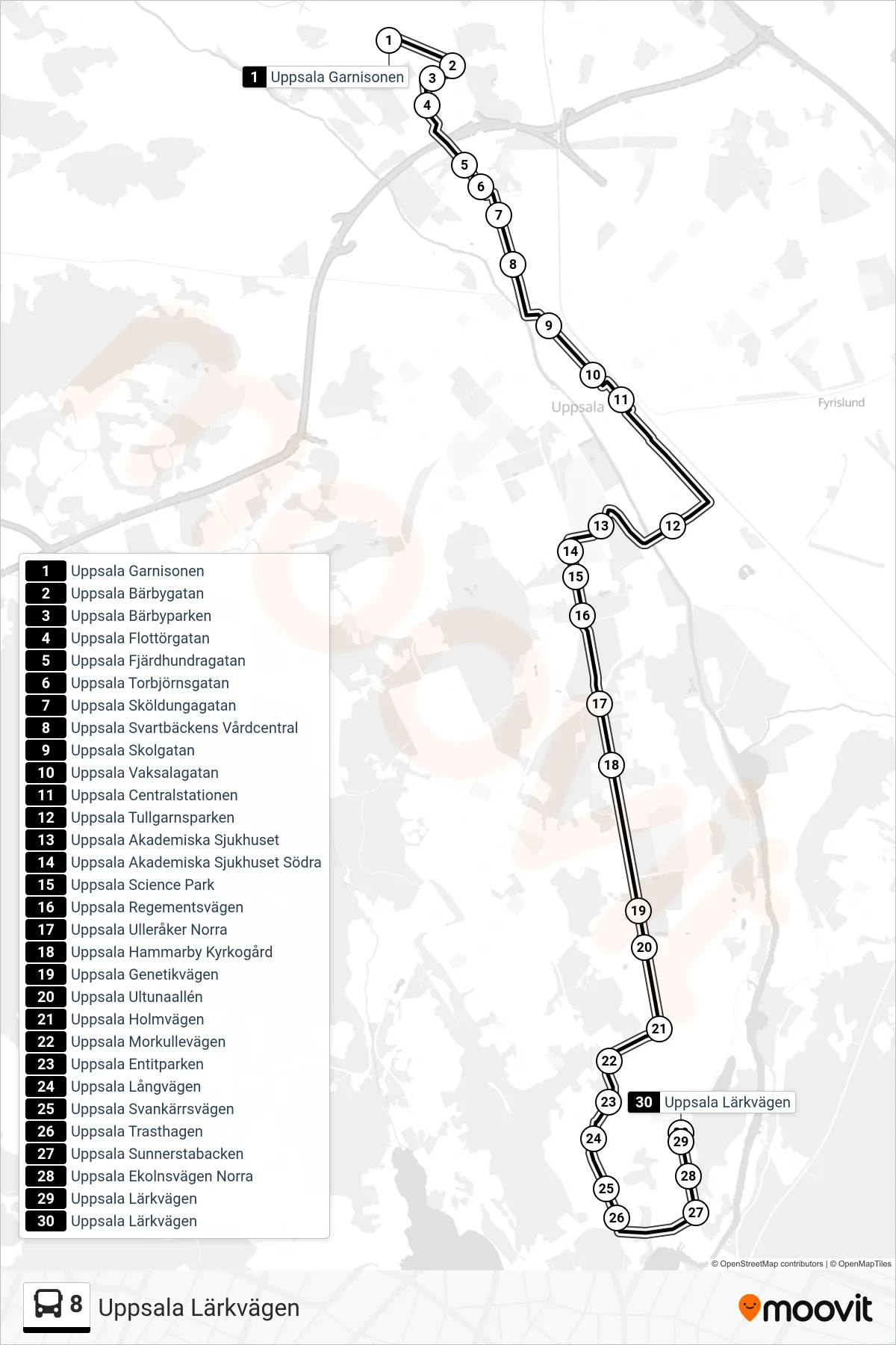 Rutt och hållplatser på karta för linje 8 buss, (Uppsala Lärkvägen)