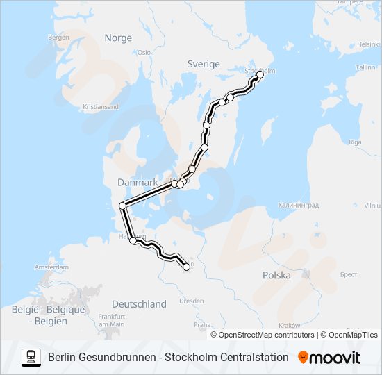 BERLIN GESUNDBRUNNEN - STOCKHOLM CENTRALSTATION tåg Linje karta