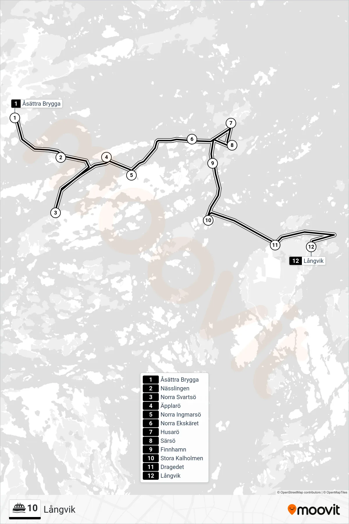 Rutt och hållplatser på karta för linje 10  färja, (Långvik)