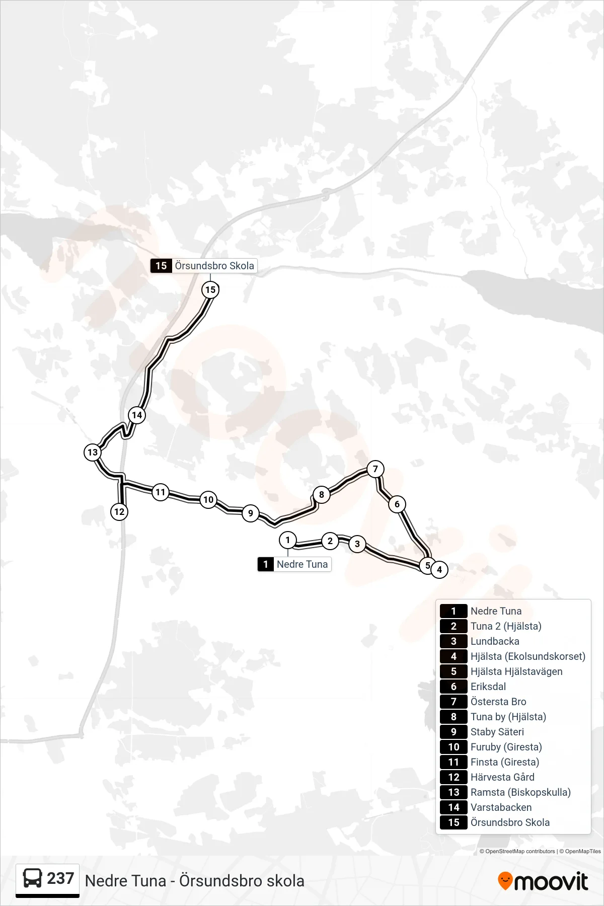 Rutt och hållplatser på karta för linje 237  buss, (Örsundsbro Skola)